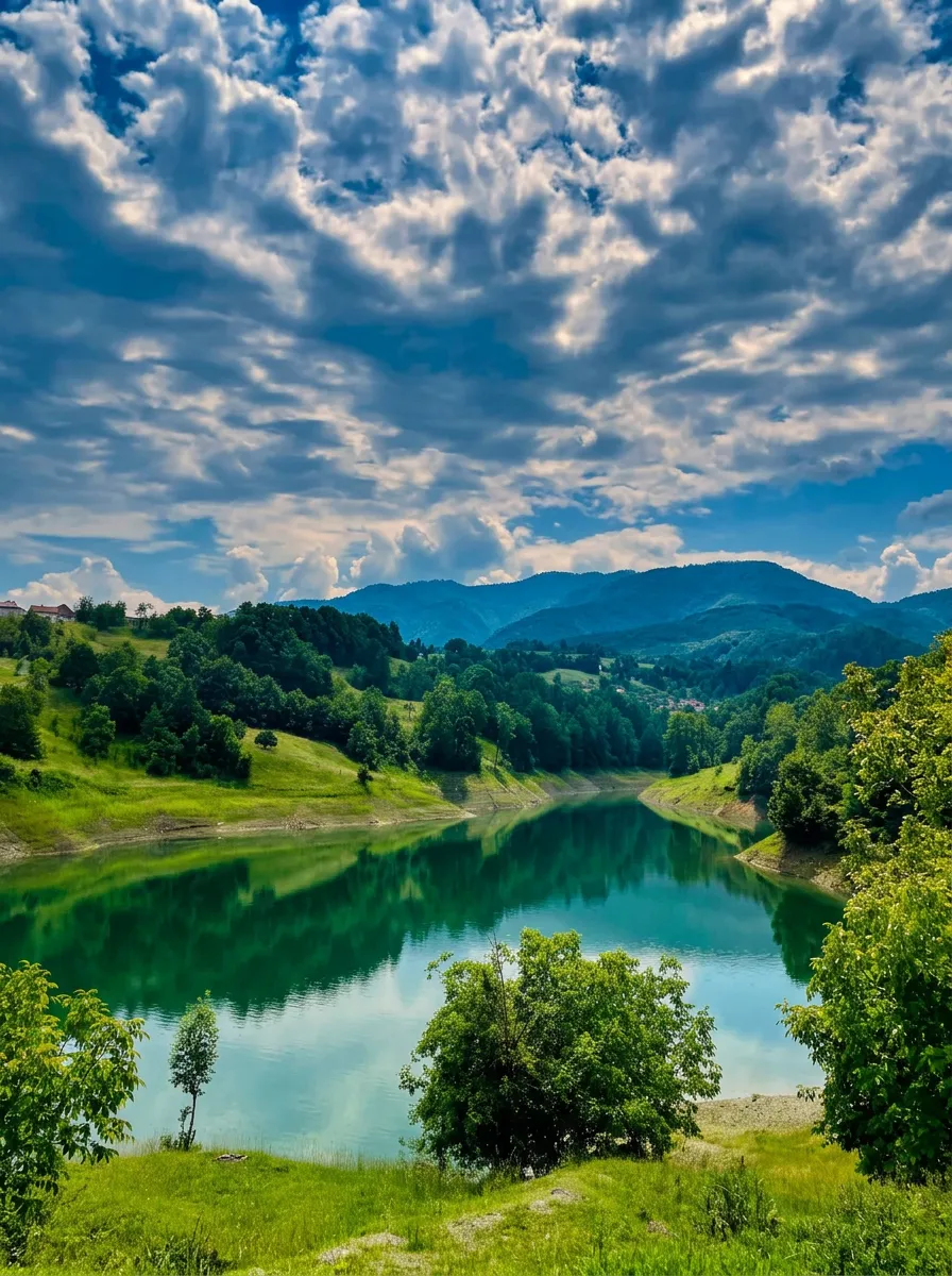 Reflection of clouds and forest in the waters of Hadžije Lake on a sunny day