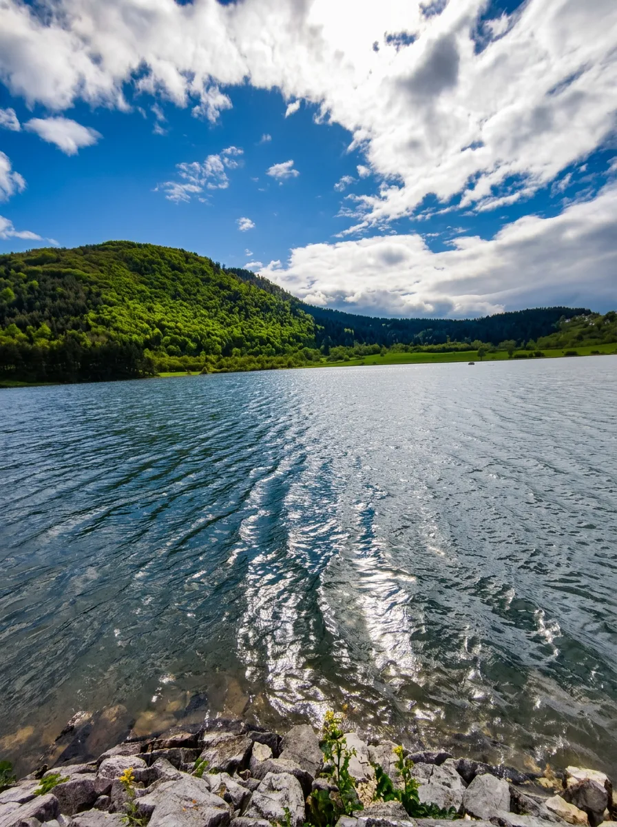 Gentle ripples on the surface of Hrast Lake with hills in the background