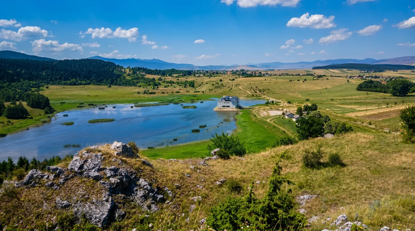 Grassy shore and a view of Hrast Lake from the hill
