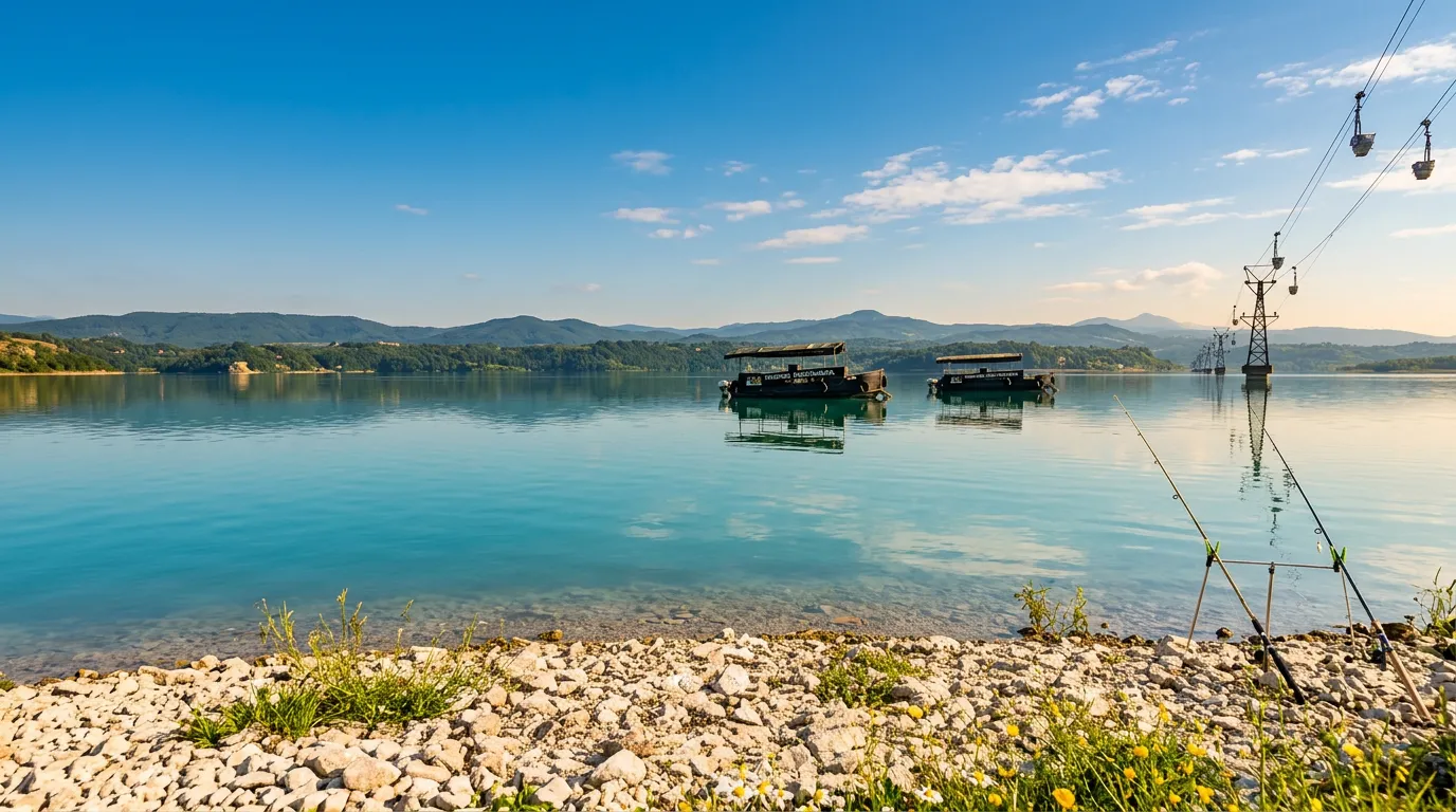Two covered wooden rafts or boats float quietly on the glassy, light turquoise water of the lake, reflecting the surrounding green hills, photographed from a grassy and rocky shore
