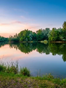 Savršen odraz gustog zelenog drveća i nježnih ružičastih tonova večernjeg neba na mirnoj, staklenoj površini jezera Pelagićevo sa trskom u prvom planu