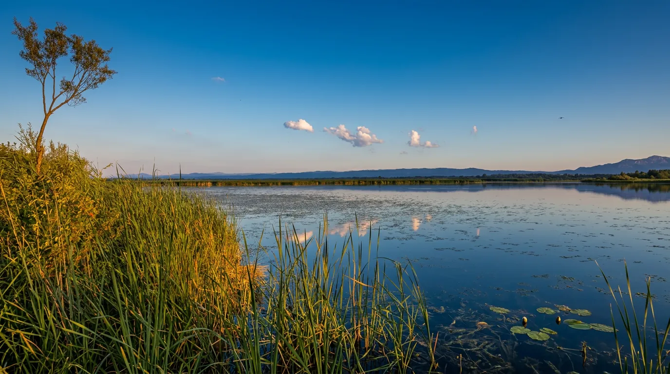 Shore with reeds and the calm surface of Ribnjak Saničani Lake