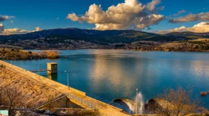 View of the dam and Tribistovo reservoir on a sunny day