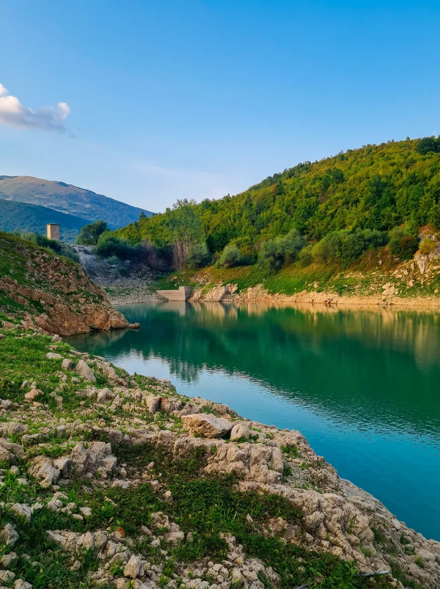 Shoreline and hilly landscape around Župica Lake