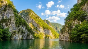 View of steep cliffs and clear water in the Drina River canyon