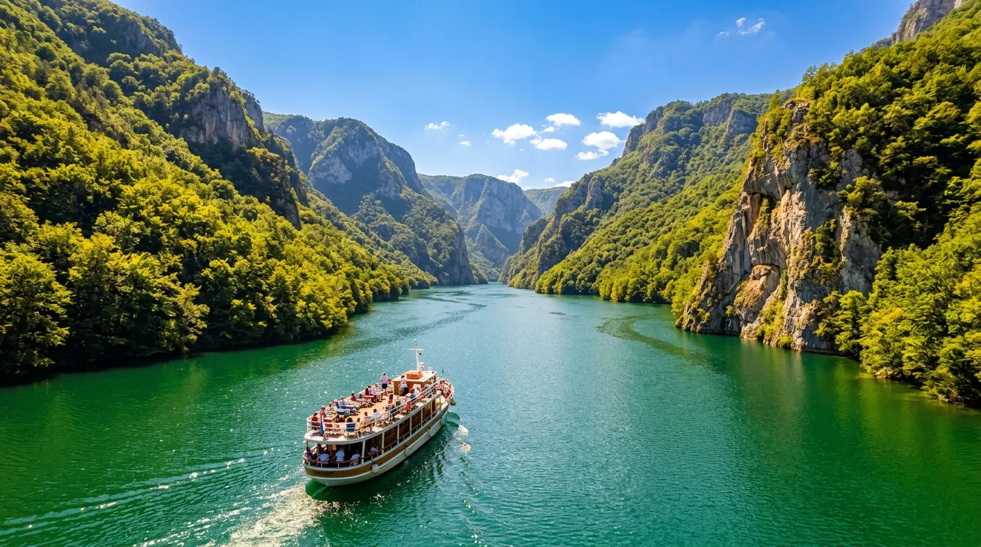 Tourist boat cruising through the scenic Drina River canyon