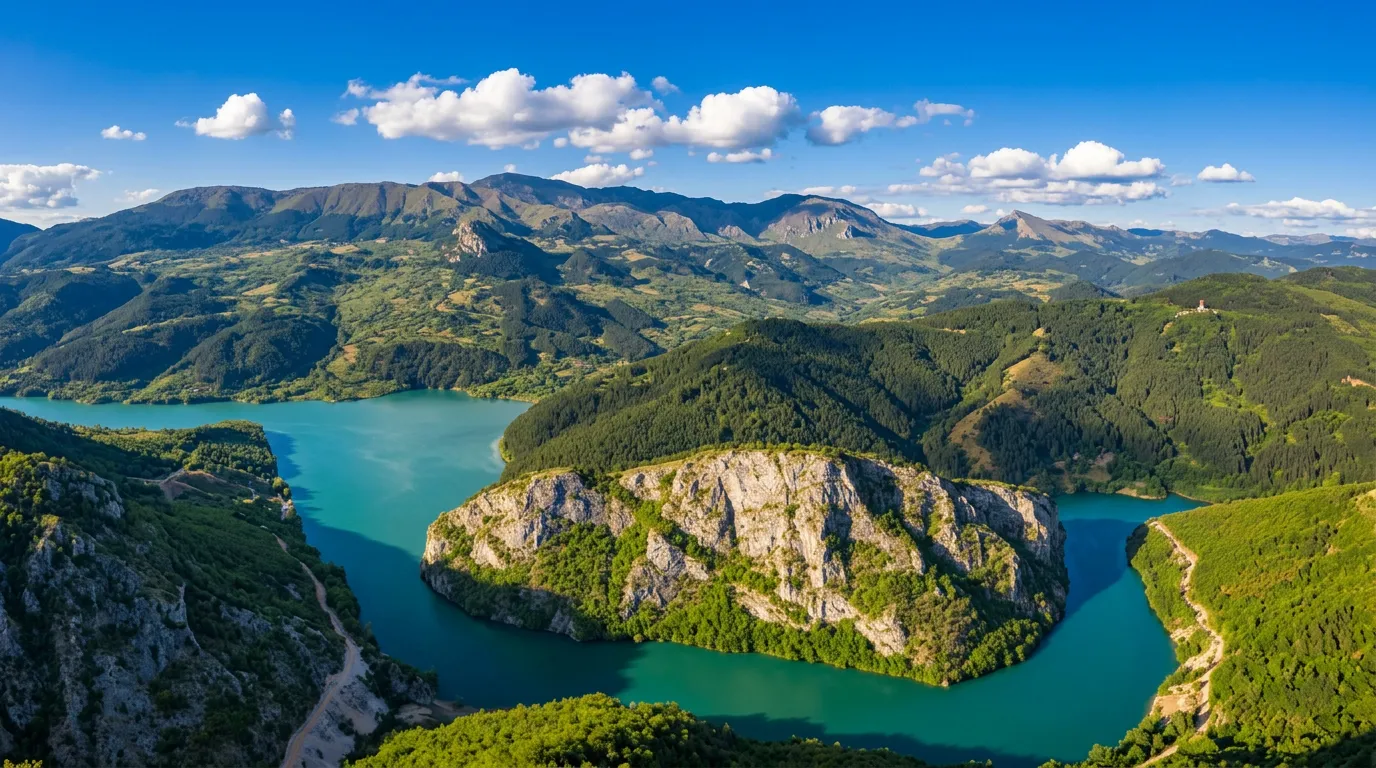 Aerial panoramic view of the meanders of the Drina River canyon