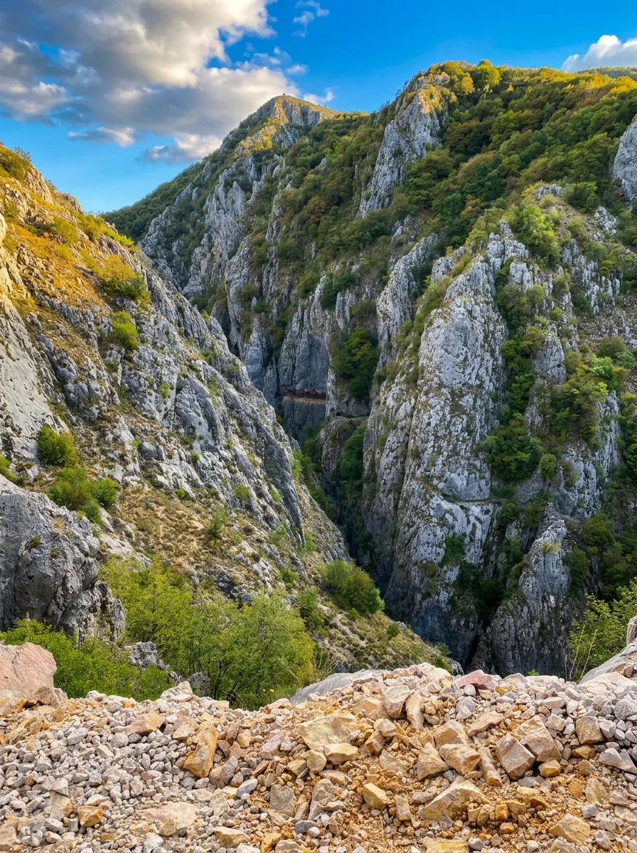 Ričina Nehri kanyonunun içindeki dik kayalık uçurumların ve vahşi doğanın ayrıntılı görünümü