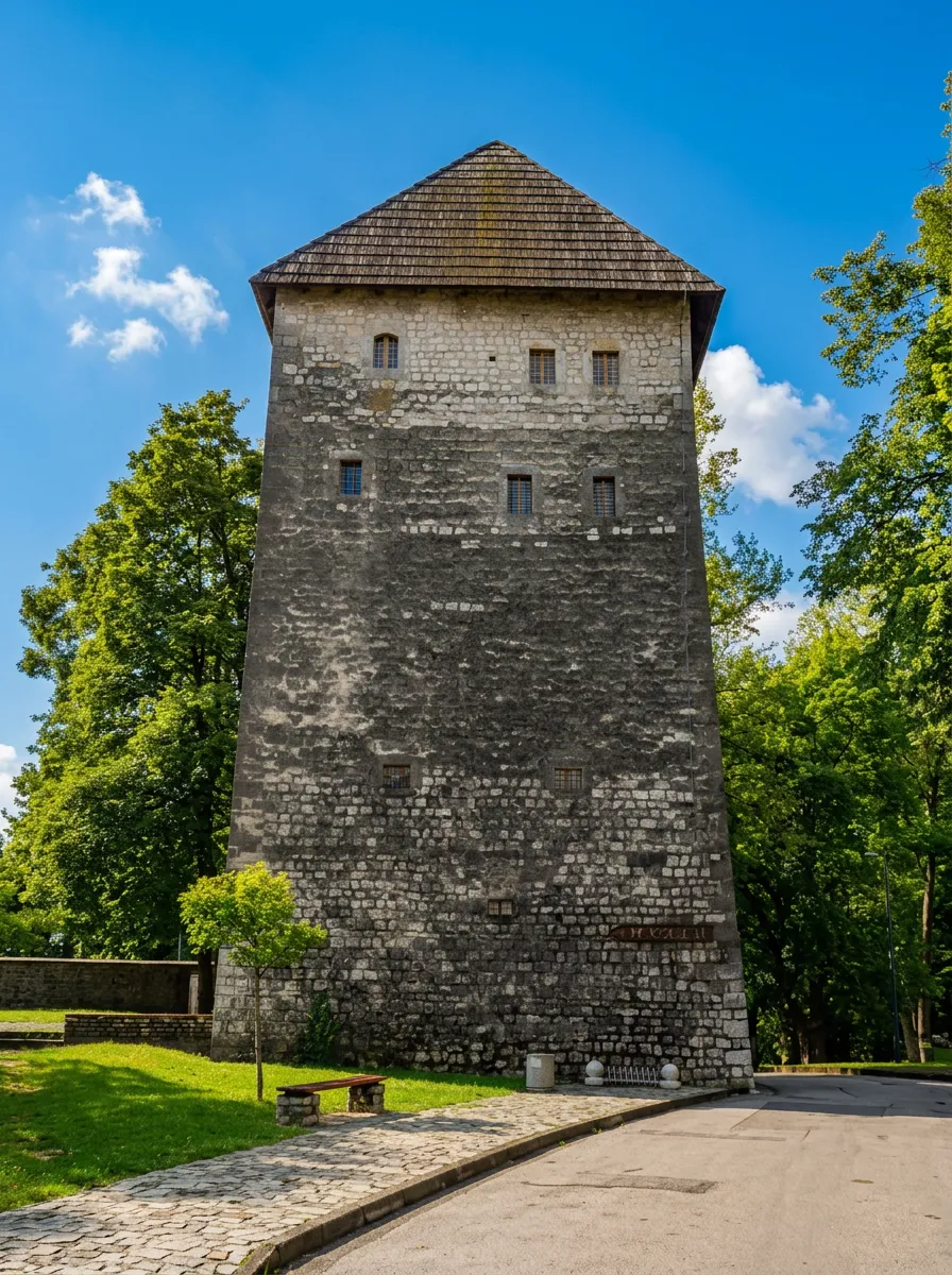 Monumentalna, četvrtasta kamena građevina Kapetanove kule sa malim prozorima pri vrhu, okružena zelenim parkom, drvećem i uređenim travnjakom