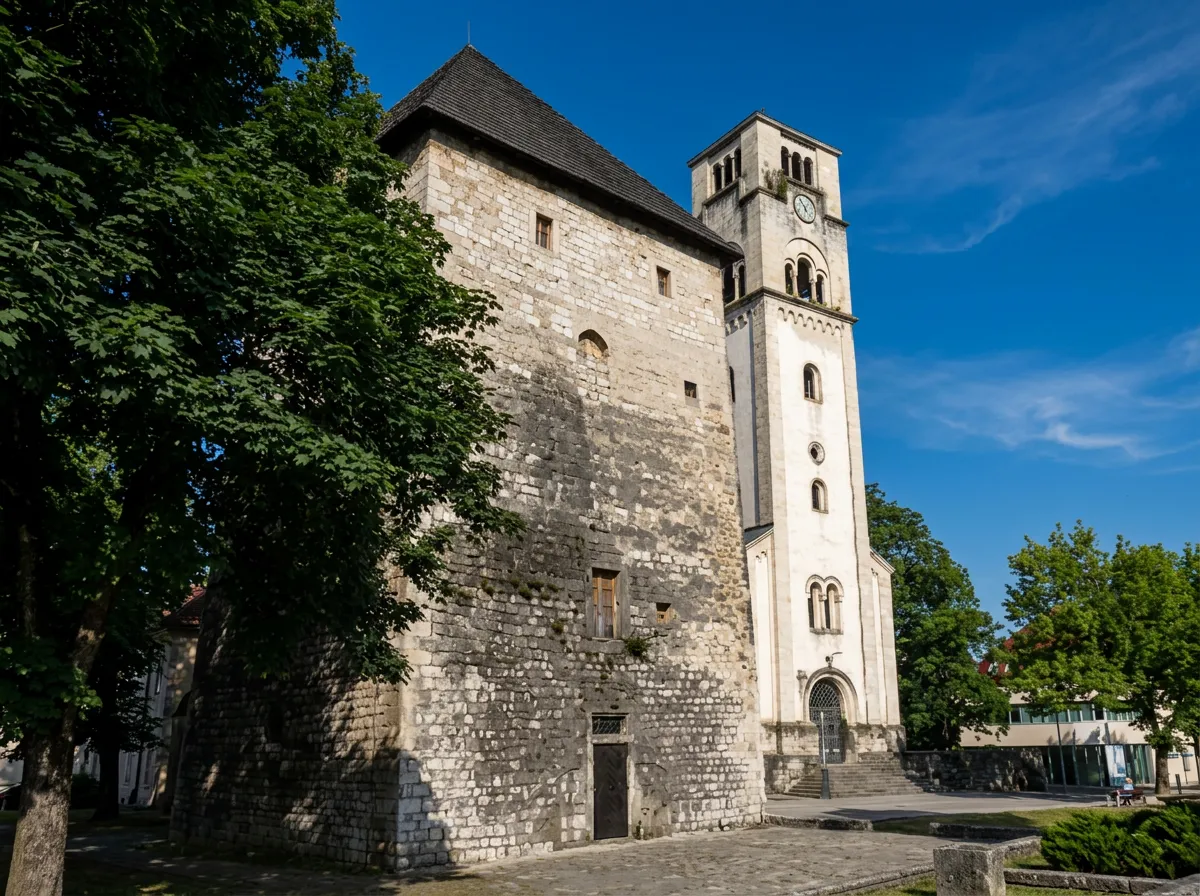 Pogled sa popločanog platoa na visoku kamenu Kapetanovu kulu sa tamnim drvenim krovom, pored koje se u pozadini vidi bijeli zvonik nekadašnje crkve Svetog Ante Padovanskog