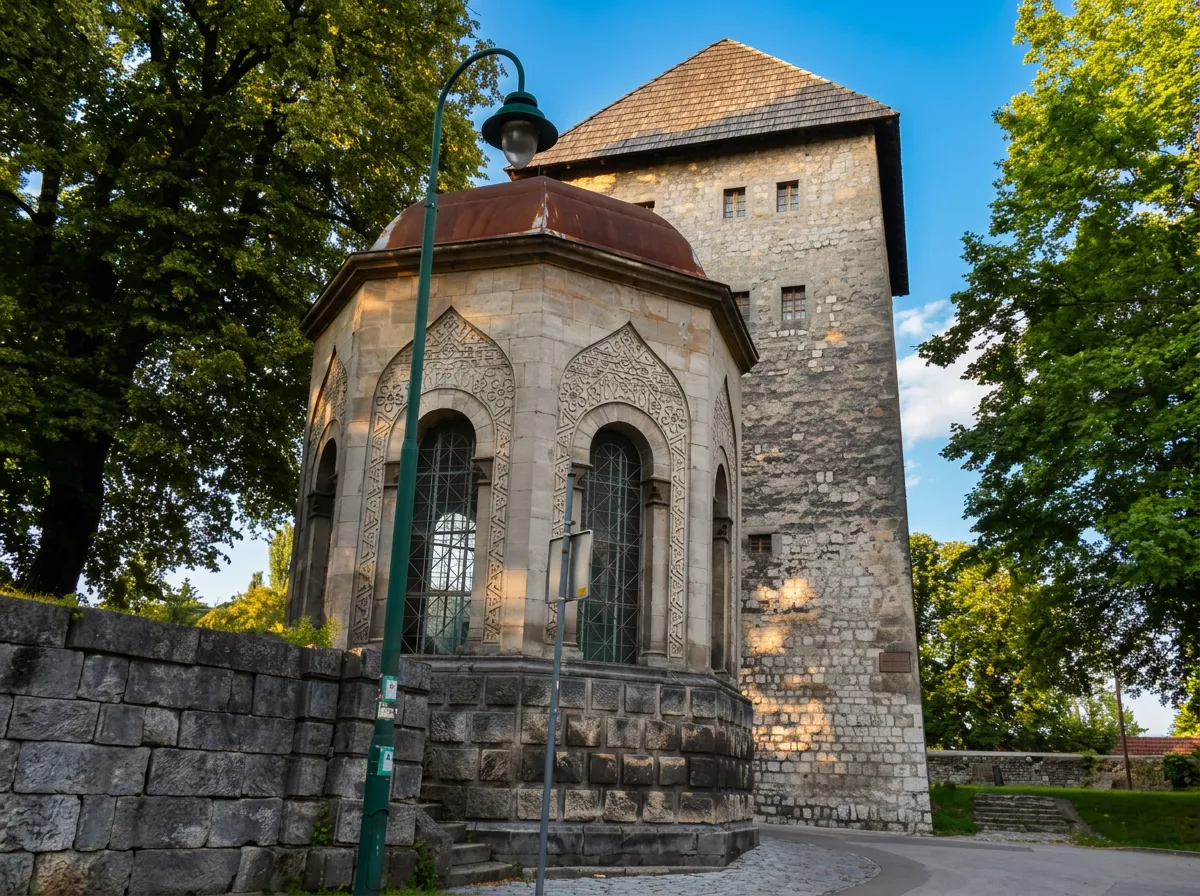 Kameno osmougaono janičarsko turbe sa kupolom u prvom planu, iza kojeg se uzdiže masivna srednjovjekovna Kapetanova kula pod vedrim plavim nebom