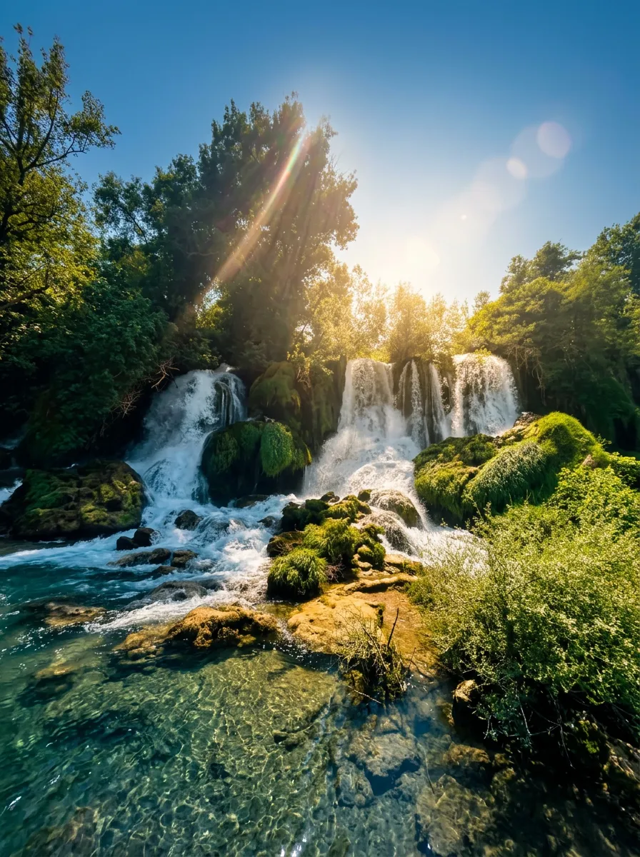 Powerful Koćuša waterfalls with sunbeams breaking through, surrounded by dense green vegetation and trees