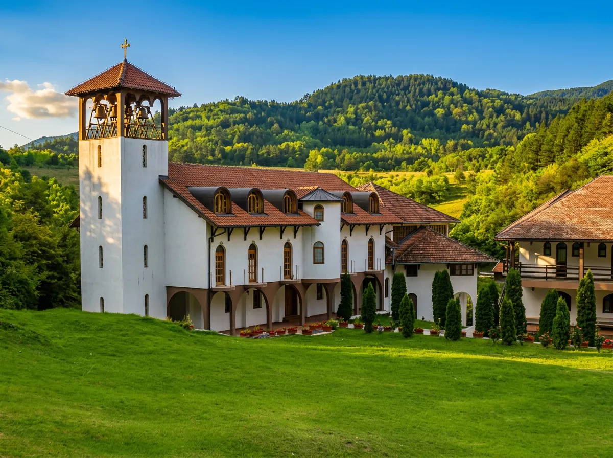 A large, beautifully maintained white konak of Dobrun Monastery with a red roof and bell tower, surrounded by a green lawn and hilly landscape