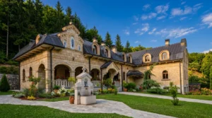 Pogled na prelijepo uređeno manastirsko dvorište sa kamenom spomen-česmom u prvom planu i prostranim, tradicionalnim kamenim konakom u pozadini, okruženim zelenilom