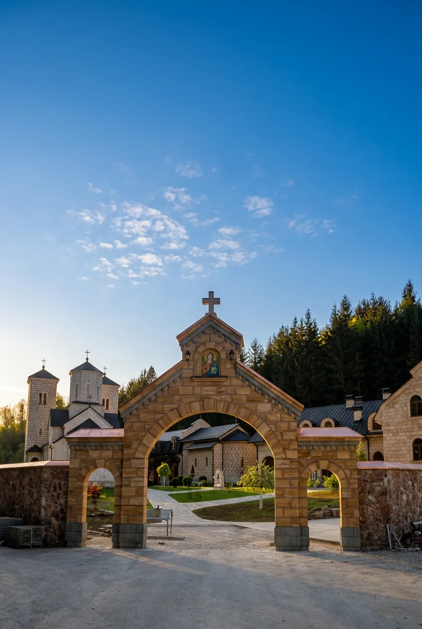 Monumentalna kamena lučna kapija na ulazu u manastirski kompleks Stuplje sa krstom na vrhu, kroz koju se u pozadini vide obrisi manastirske crkve i konaka pod plavim nebom