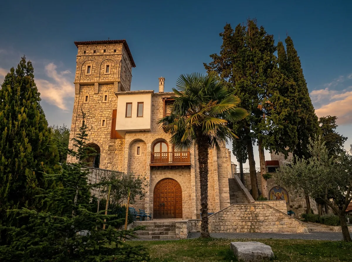 Stara kamena kula manastira Tvrdoš okružena zelenilom