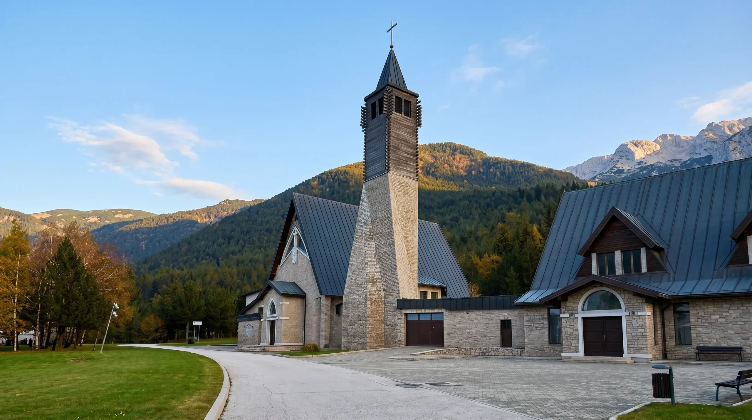 Die einzigartige Architektur der Kirche des Heiligen Elias in Masna Luka mit einem hohen steinernen Glockenturm, der sich scharf vor den Berghängen in den Himmel erhebt
