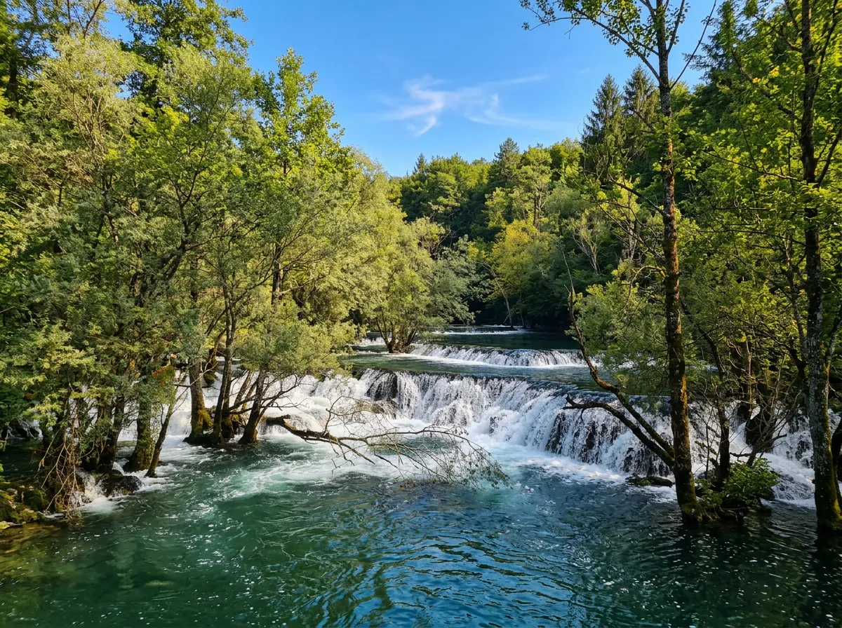 Ampie cascate fluviali che scorrono attraverso una fitta foresta, con l'acqua limpida color verde smeraldo del fiume Una in primo piano sotto un cielo azzurro e sereno