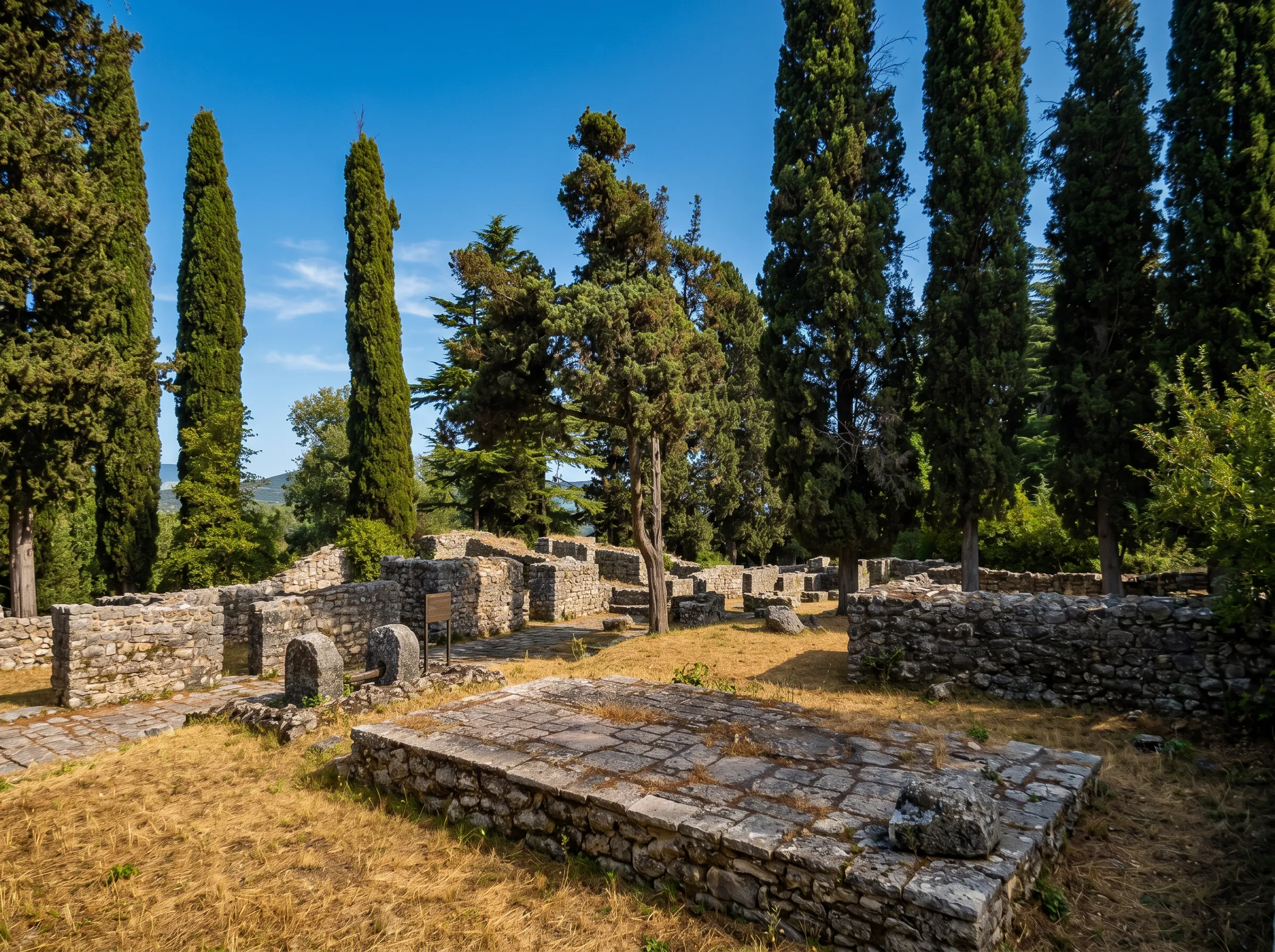 Remains of Roman stone walls and foundations of the historic site Mogorjelo, surrounded by dry grass and tall, slender cypress trees under a blue sky