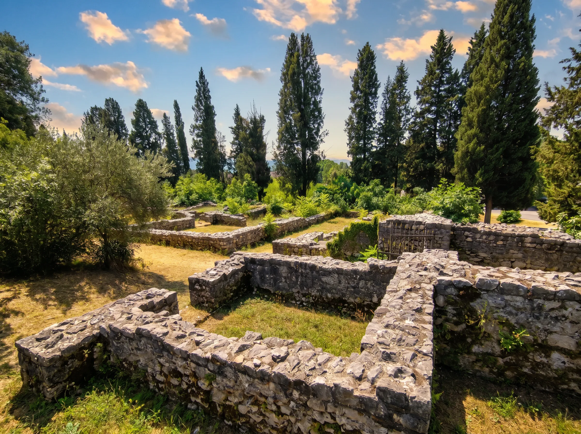 A close view of the regular shapes and partitions of ancient stone walls in Mogorjelo, with a row of tall cypress trees and olive trees in the background on a warm sunny day