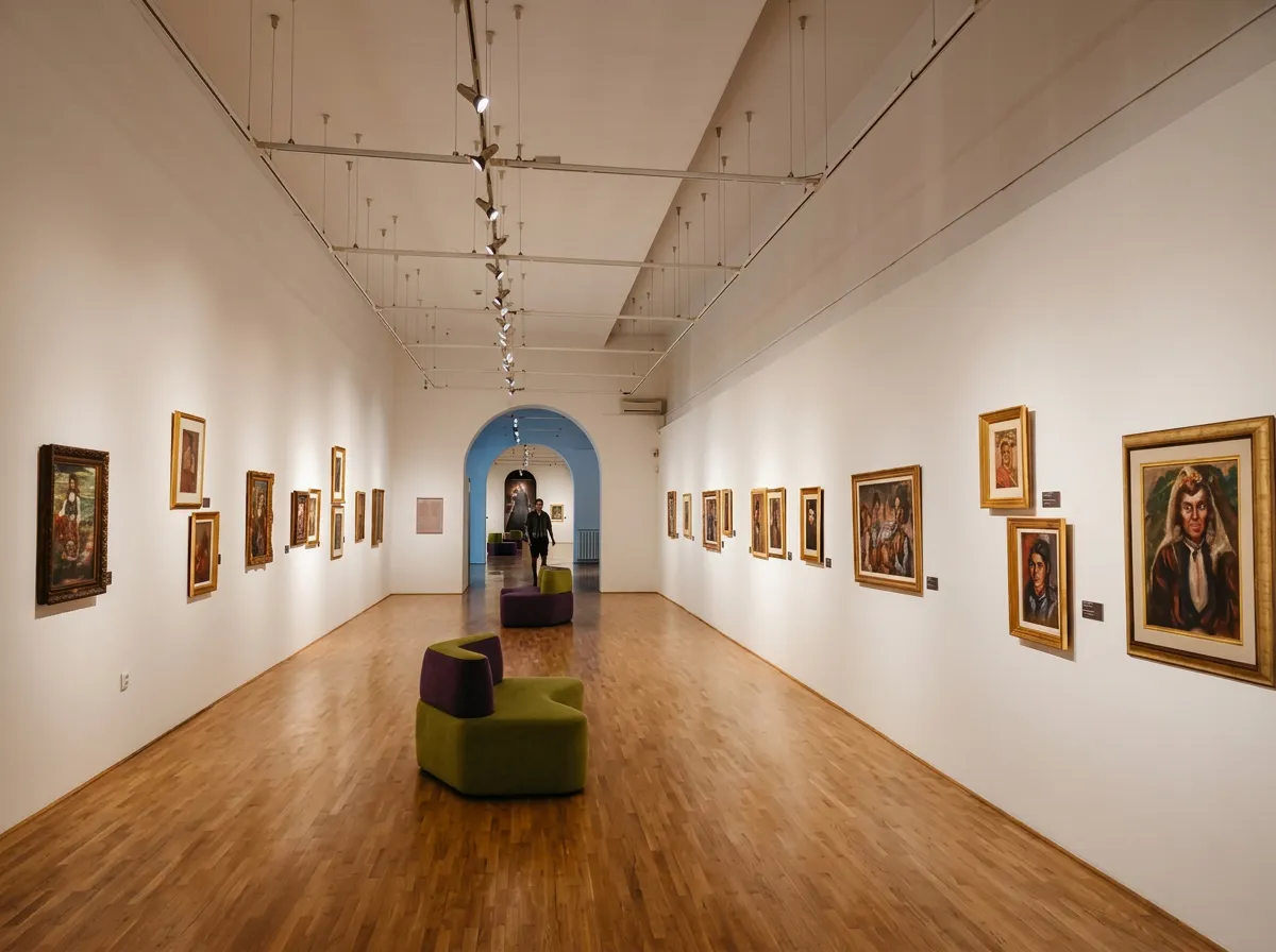 A spacious interior museum corridor with wooden parquet floors, white walls displaying framed artworks, and modern seating furniture