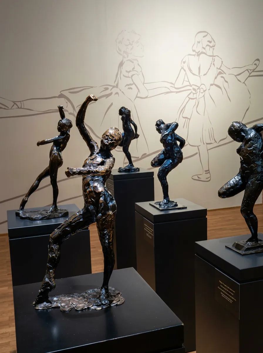 An arrangement of bronze and dark sculptures depicting human figures in motion, displayed on black pedestals inside the gallery of the Museum of Contemporary Art