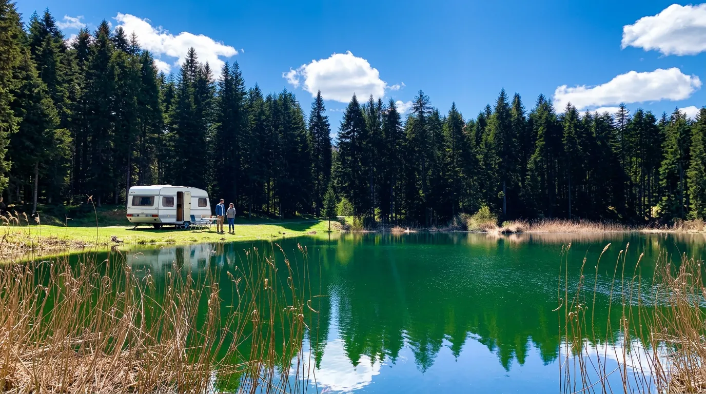 Kamp kućica pored obale Paučkog jezera u prirodi