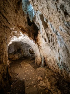 Osvijetljeni podzemni hodnik pećine Rastuša sa uređenom betonskom pješačkom stazom za turiste koja vijuga između masivnih kamenih zidova i svodova