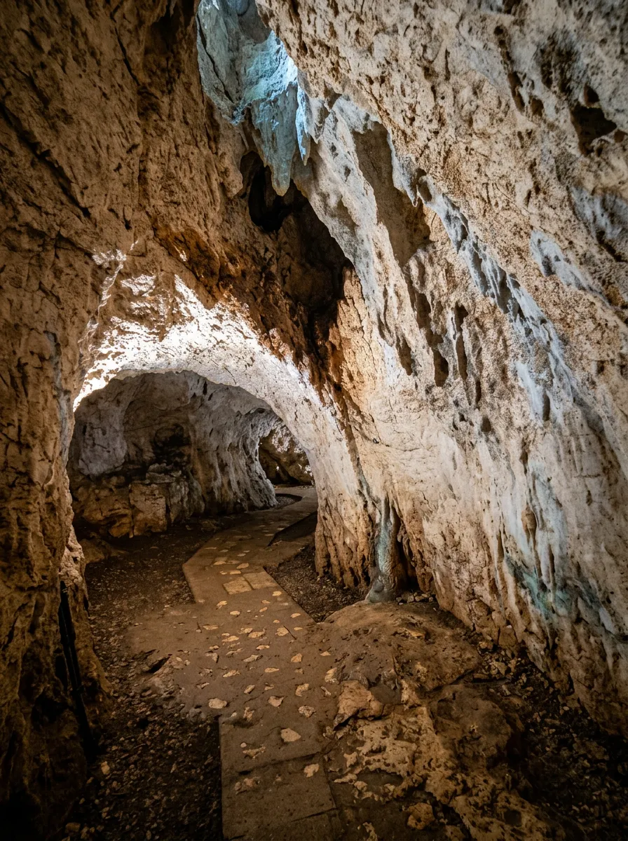 Osvijetljeni podzemni hodnik pećine Rastuša sa uređenom betonskom pješačkom stazom za turiste koja vijuga između masivnih kamenih zidova i svodova