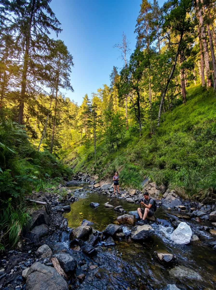 A clear and shallow mountain stream with large rocks, surrounded by steep slopes covered in dense green forest under sunbeams