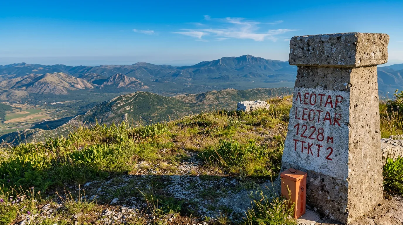 Pogled sa travnatog vrha planine Leotar pored betonskog planinarskog stuba sa natpisom, koji se pruža ka hercegovačkim brdima i prostranstvima u daljini pod vedrim nebom
