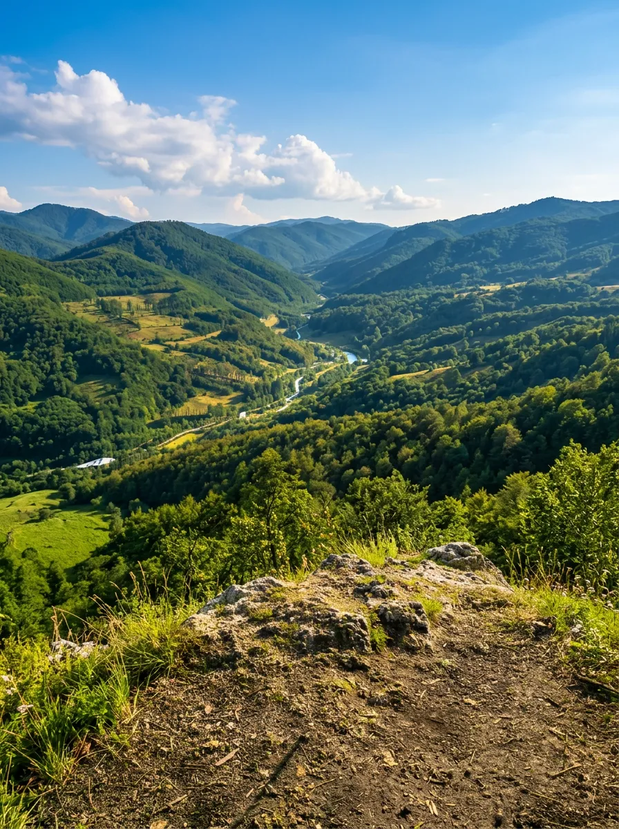View of the valley and wooded peaks from a rocky viewpoint on Majevica mountain