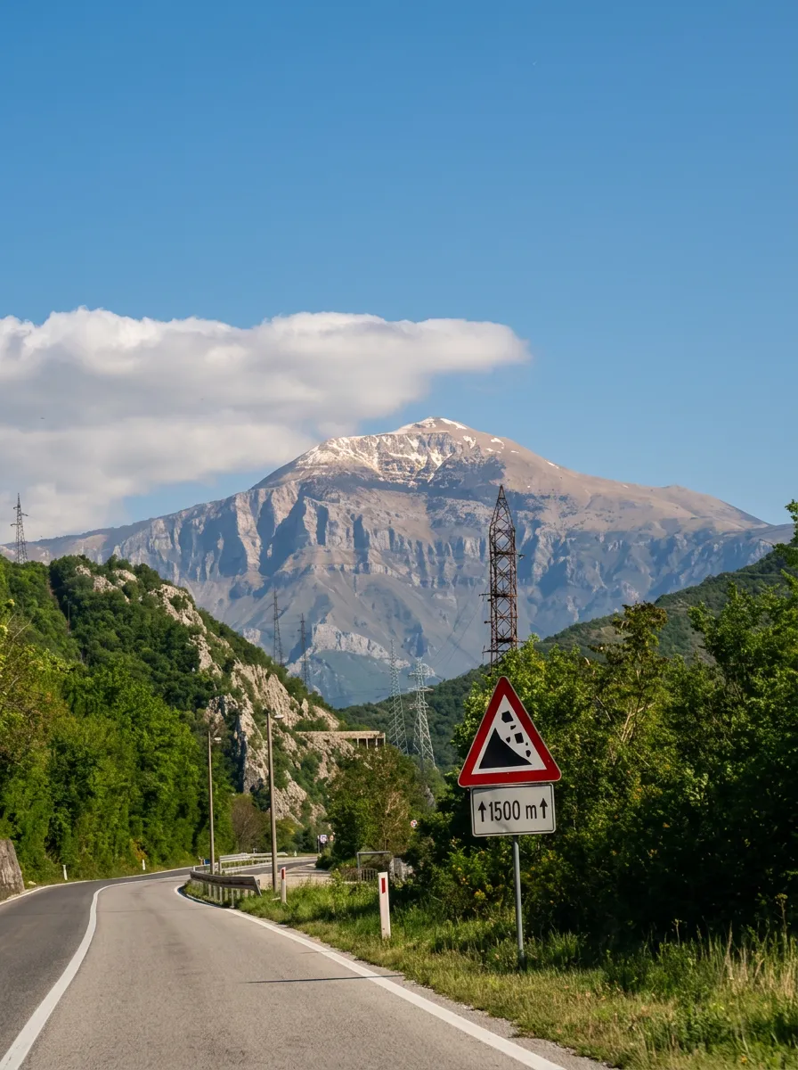 A regional asphalt road leading toward the Velež mountain massif, with a traffic sign for the ascent in the foreground and greenery along the road