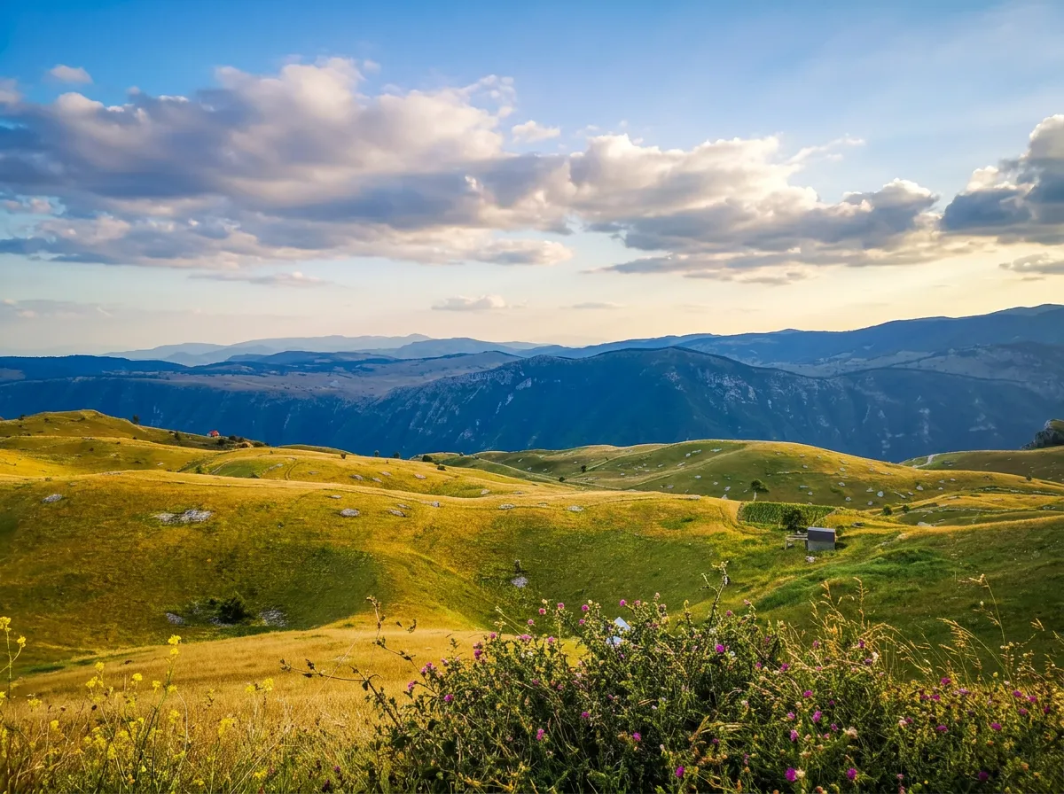 Vast, rolling mountain meadows and green pastures of Visočica stretching toward distant blue mountain ranges under a wide sky
