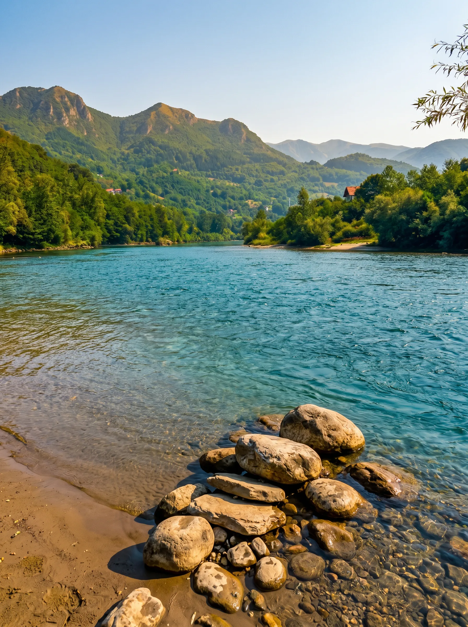 The clear water of the Drina River and the stone riverbank at Desetka beach