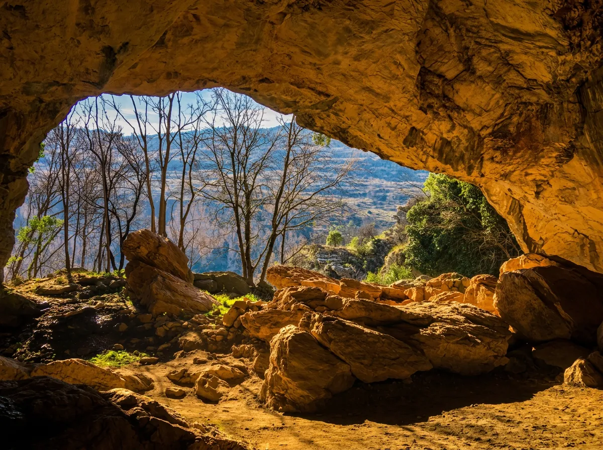 View from deep inside Ravlića Cave toward the wooded surroundings