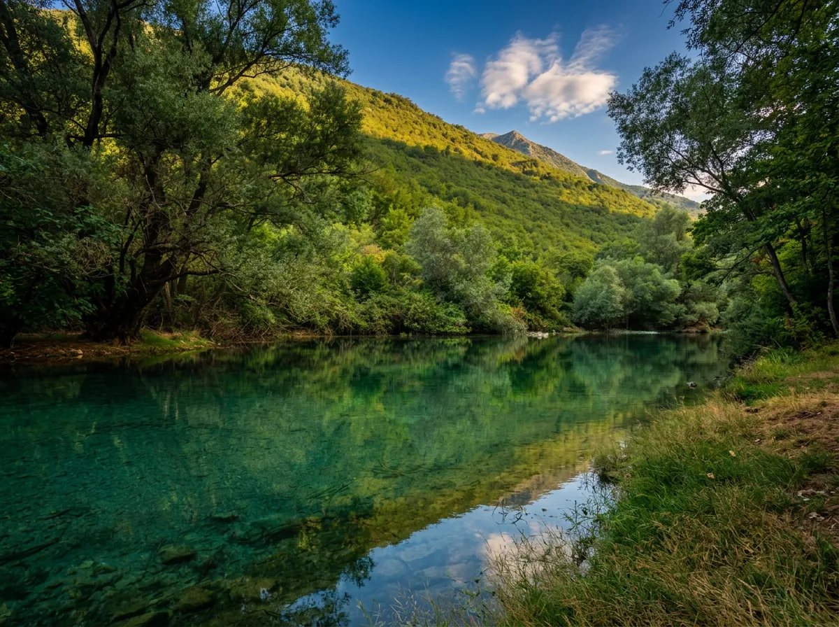 The crystal-clear, dark green surface of the Bregava River flowing calmly past lush green trees and grassy banks beneath sunlit hills