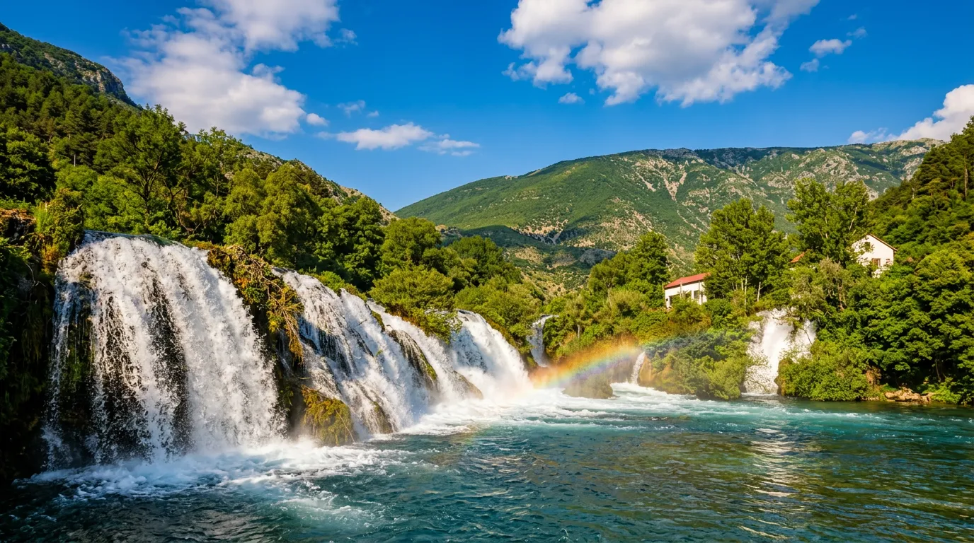 The magnificent foamy cascades of the Provalije waterfall in Stolac tumbling over the rocks, while a beautiful rainbow forms in the water mist under the blue sky