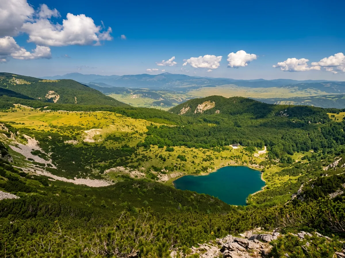 Panoramski snimak sa visine koji prikazuje tamnozeleno Šatorsko jezero smješteno u planinskom uvaljenju, okruženo gustim šumama, livadama i talasastim planinskim vrhovima u daljini