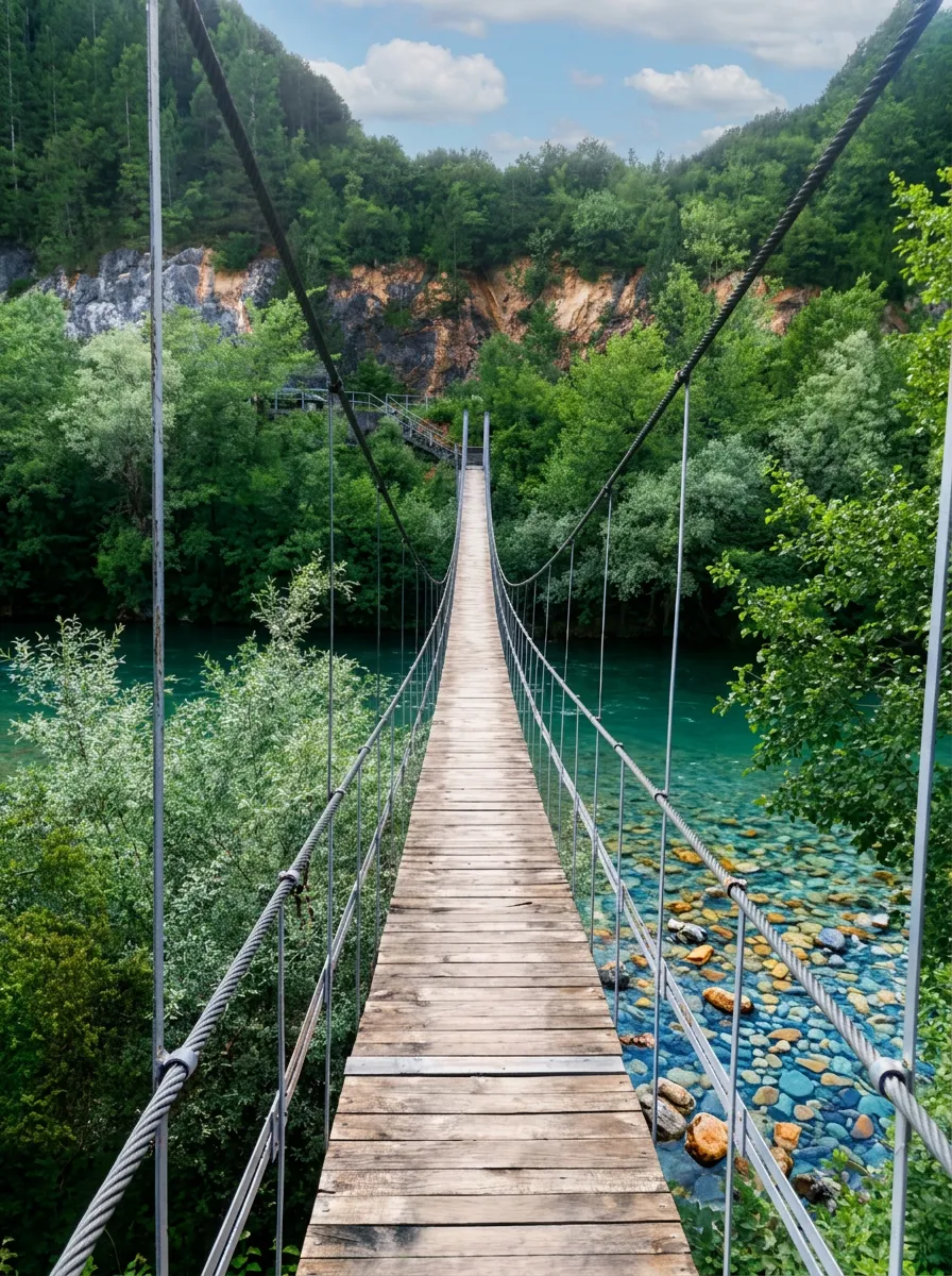 View along a long hanging pedestrian bridge made of wooden planks and cables stretching over the emerald-green Neretva river, surrounded by dense forest and rocks