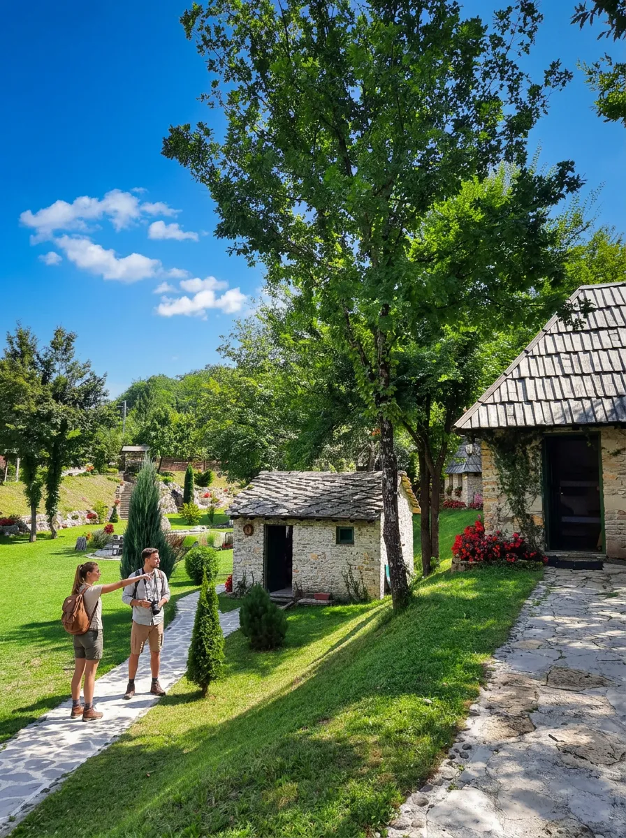 Two tourists with backpacks walk through the beautifully arranged courtyard of an ethno village with old stone houses and wooden roofs, surrounded by greenery under a blue sky