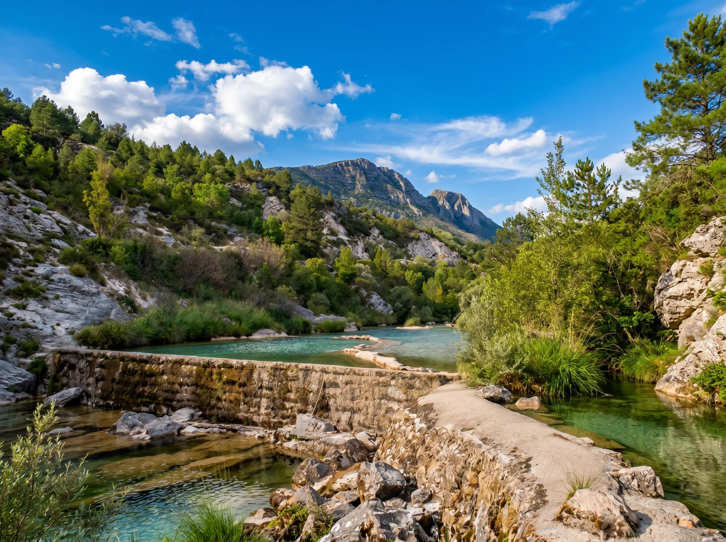 A stone travertine barrier forming a calm, clear pool on the Sušica River, surrounded by greenery with mountain peaks in the background under a blue sky and white clouds