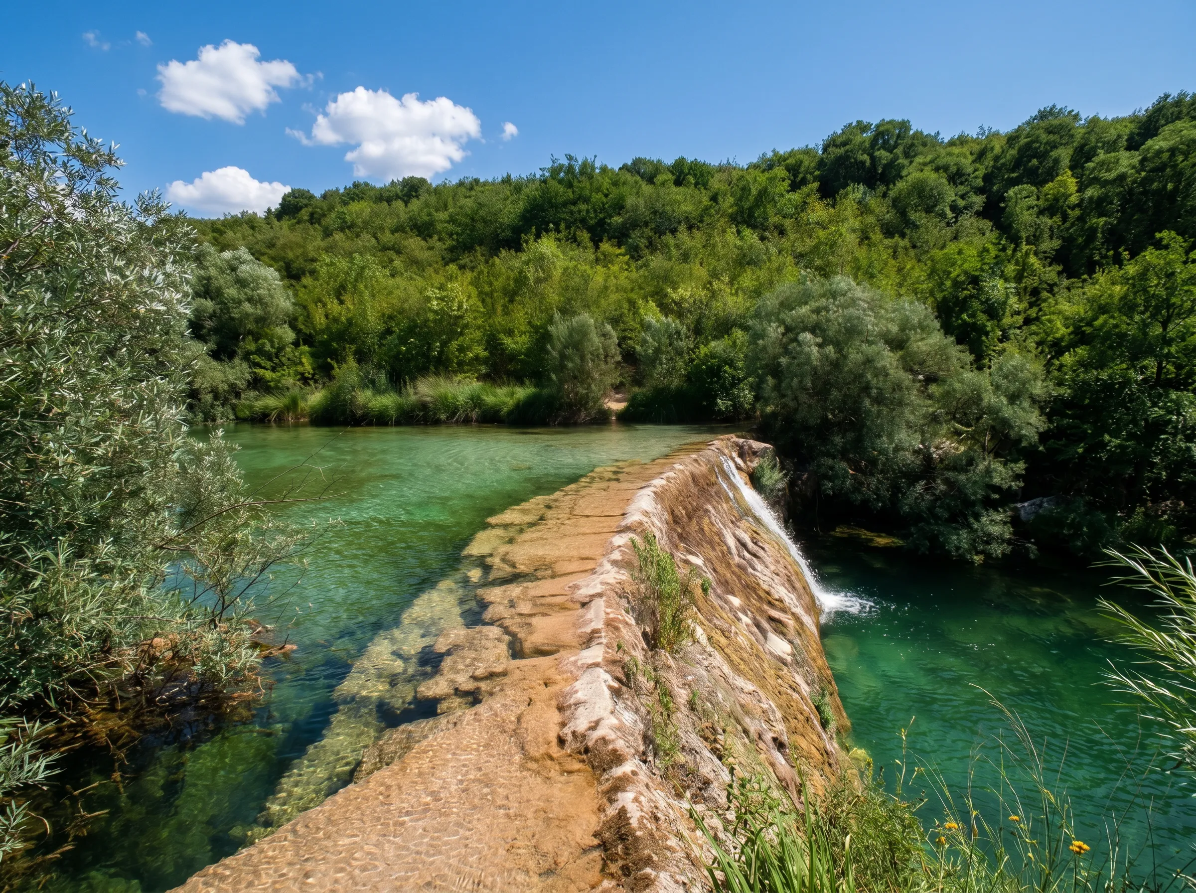View along a natural stone barrier over which water spills into a crystal-clear turquoise pool, framed by dense green forest under a sunny sky
