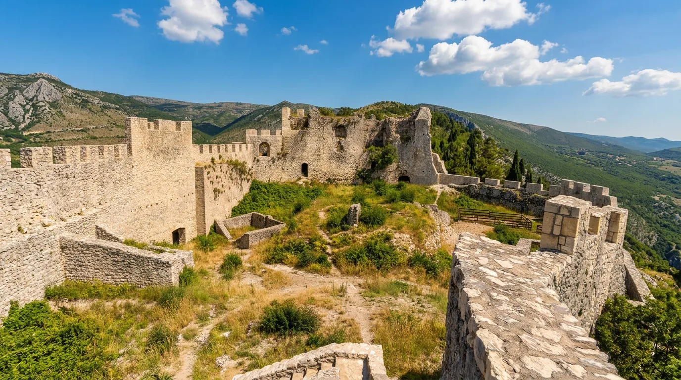 Pogled na prostrano notranje dvorišče in ostanke kamnitih obzidij Stjepan-grada v Blagaju pod modrim nebom z belimi oblaki