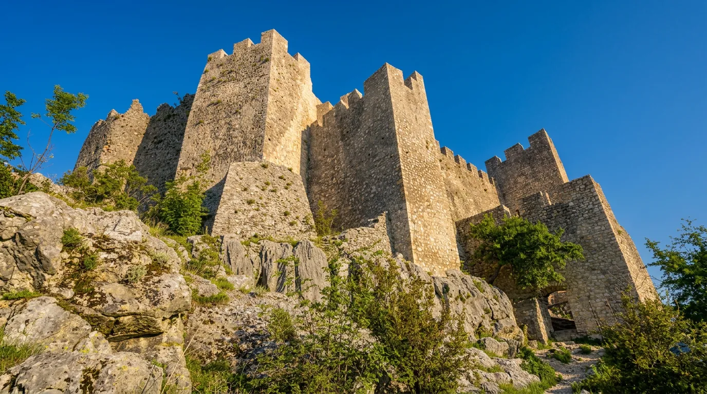 Pogled iz spodnjega kota na visoke, strme in ohranjene kamnite stolpe zgodovinske trdnjave v Blagaju, ki se dvigajo nad skalnatim hribom