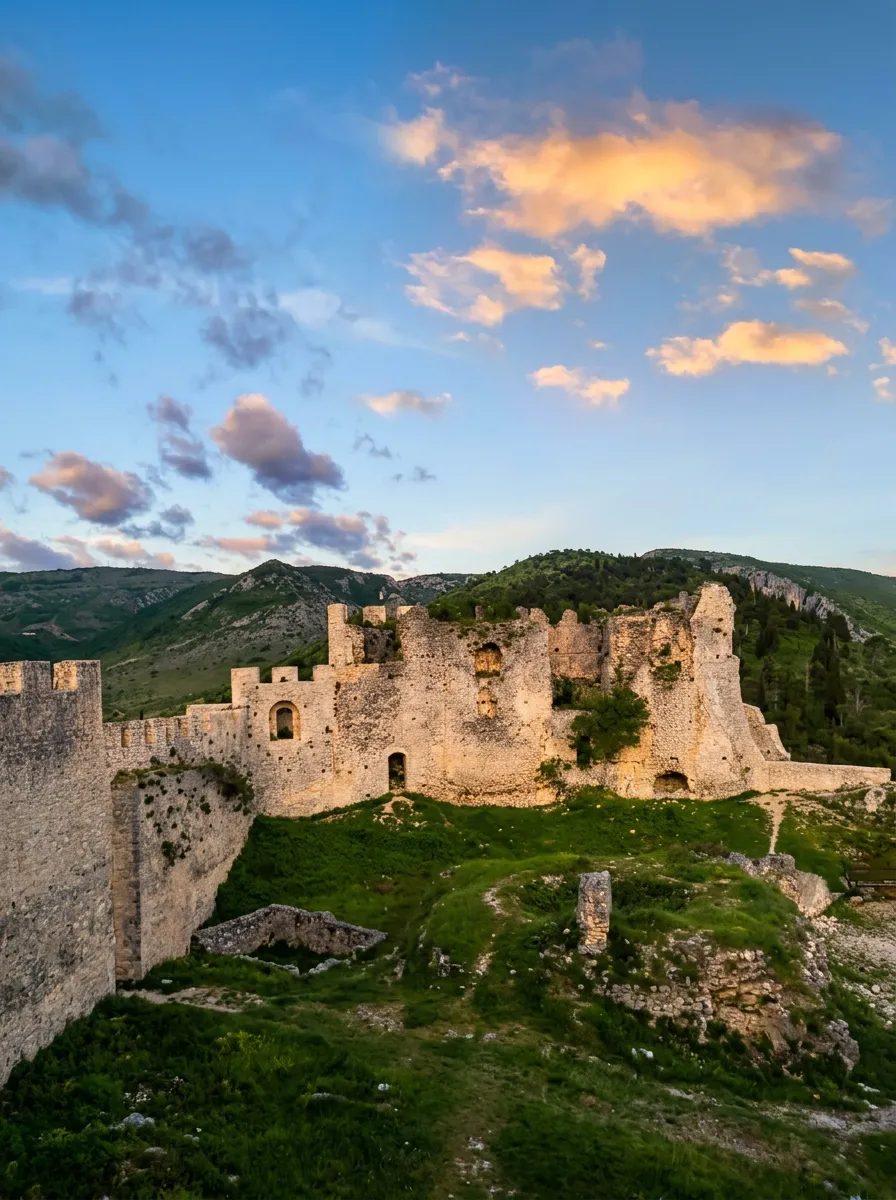 Panoramski pogled na kamnito utrdbo Stjepan-grad v Blagaju, obdano s hribi, medtem ko sta nebo in oblaki v ozadju obsijana z nežnimi toni sončnega zahoda