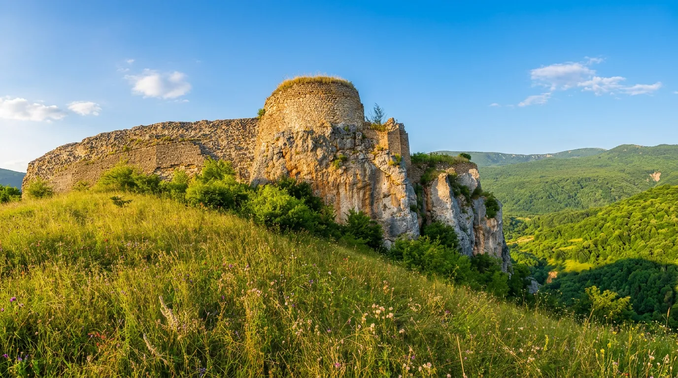 A view from the grassy base toward the remains of a massive round stone tower of the medieval Ostrovica fortress, built on a steep cliff under a clear blue sky