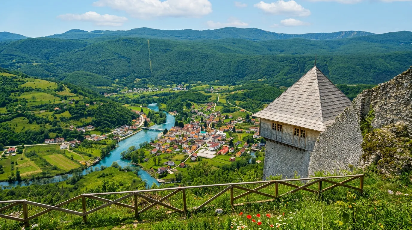 A panoramic view from the lookout point of Ostrovica fortress over the picturesque settlement of Kulen Vakuf in the valley and the emerald-green flow of the Una River, with a wooden safety railing in the foreground