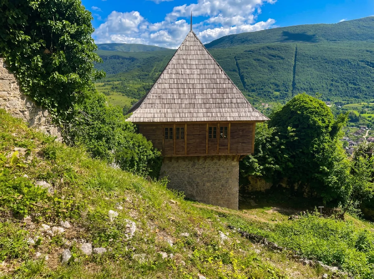 A traditional wooden tower with a tall, steep shingled roof built on a stone base, set on a wooded mountain slope within the historic complex
