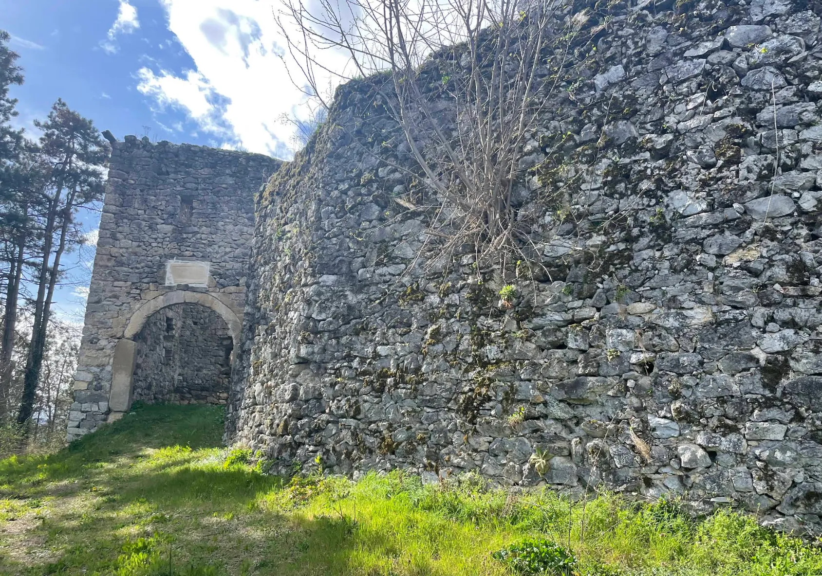  Detalj očuvanih kamenih zidova Starog grada Podzvizd, prerasli mahovinom i zelenilom